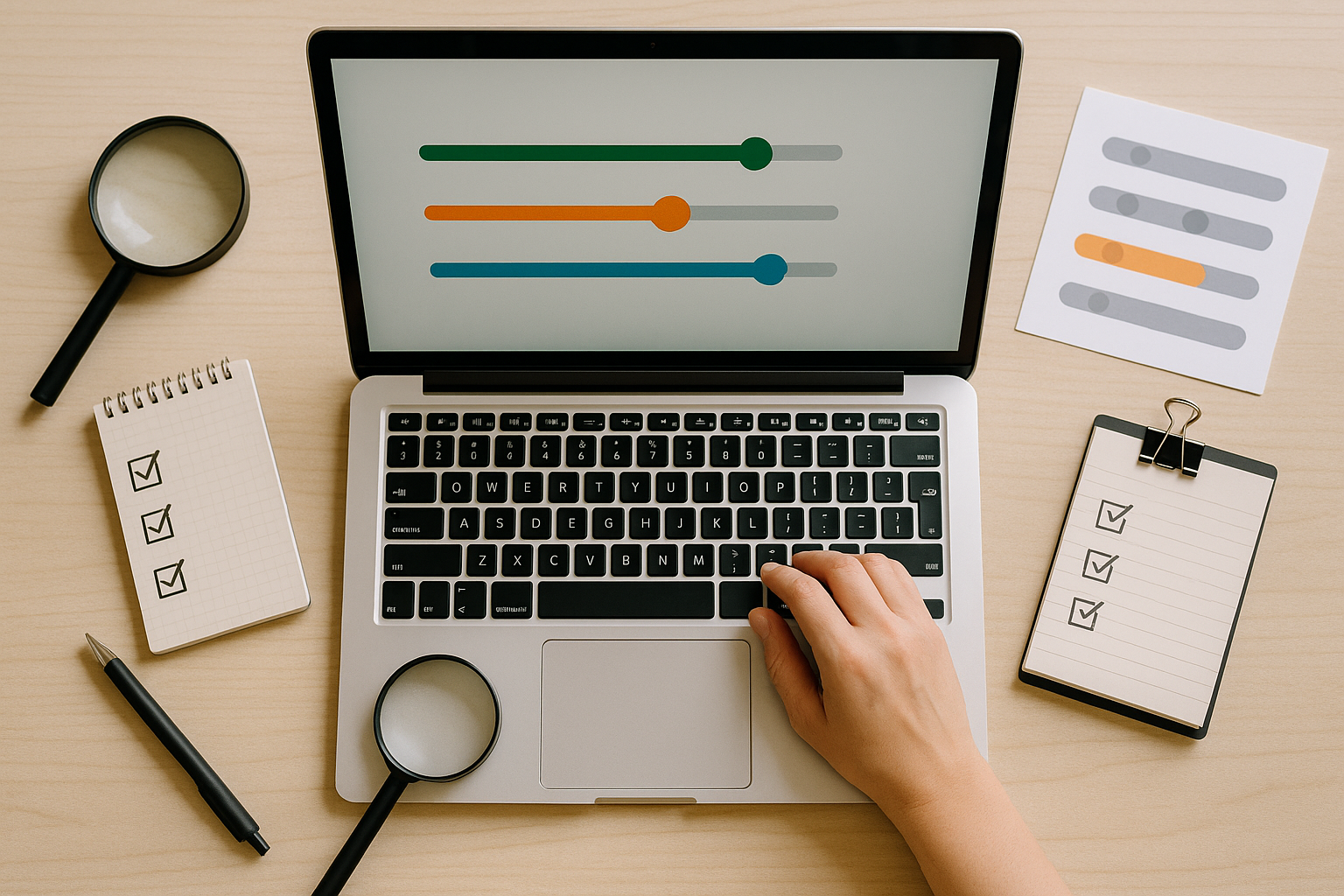 評価軸を整えるデスクの写真（PC・チェックリスト・ルーペ）