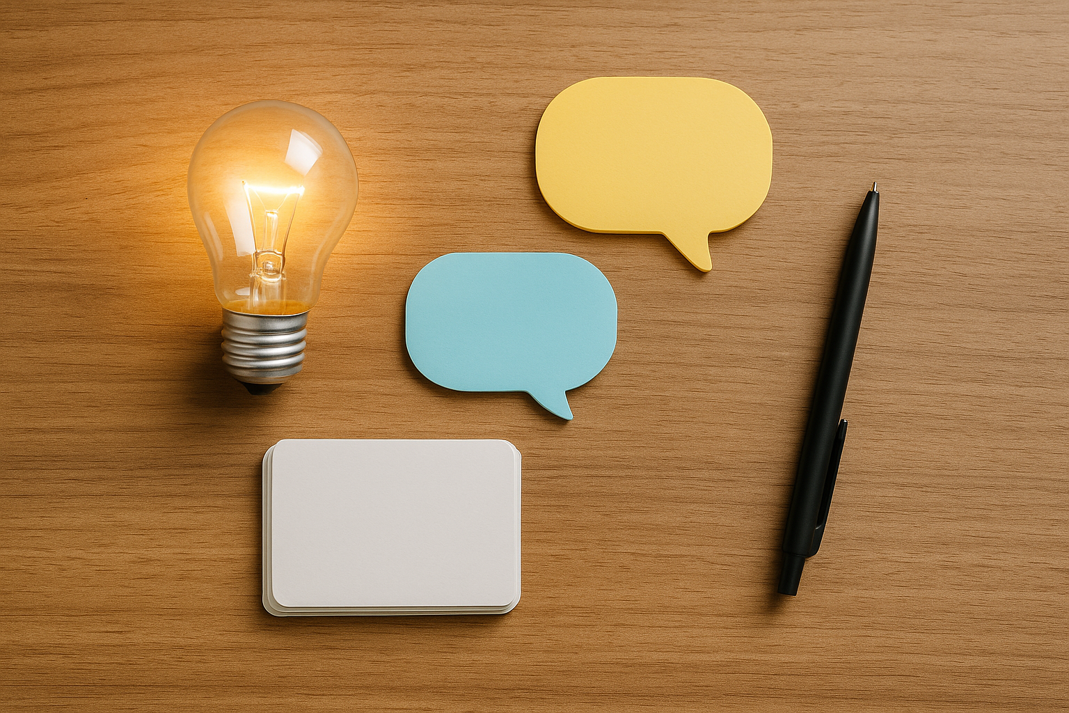 電球と吹き出し型付箋・カードの俯瞰写真（Q&A／文字なし）