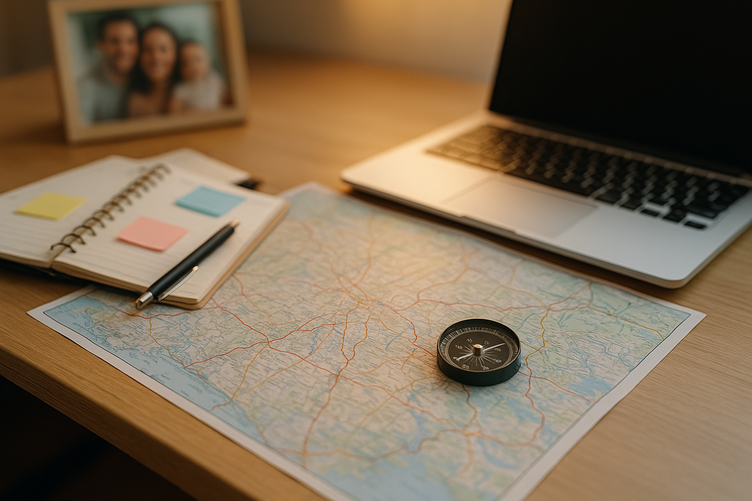 地図や羅針盤・ノートPCを置いた俯瞰写真（30代転職の地形図イメージ／文字なし）