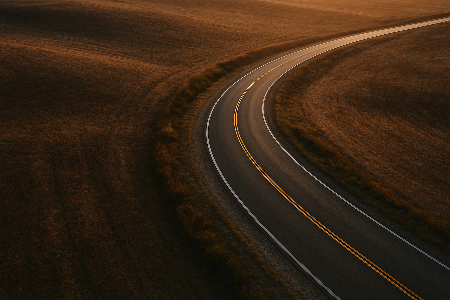 カーブする道路の俯瞰写真（進路変更と前進のイメージ／文字なし）
