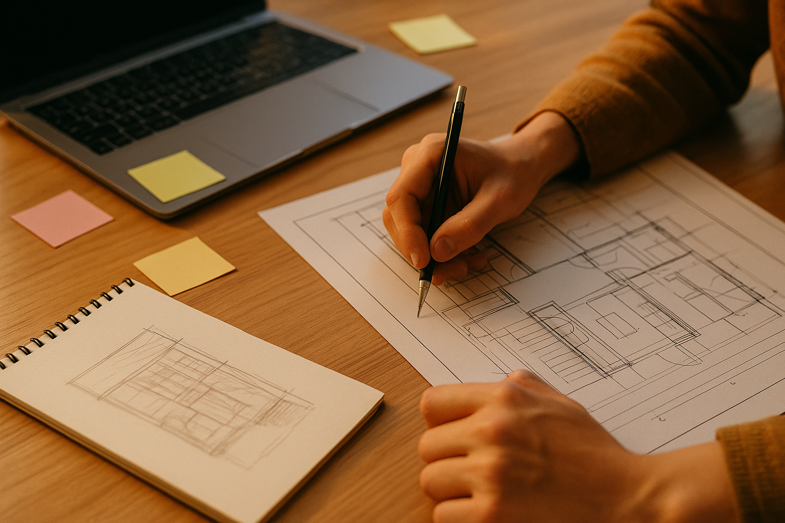 設計図を描く手元とノートPC（6:4 横長）