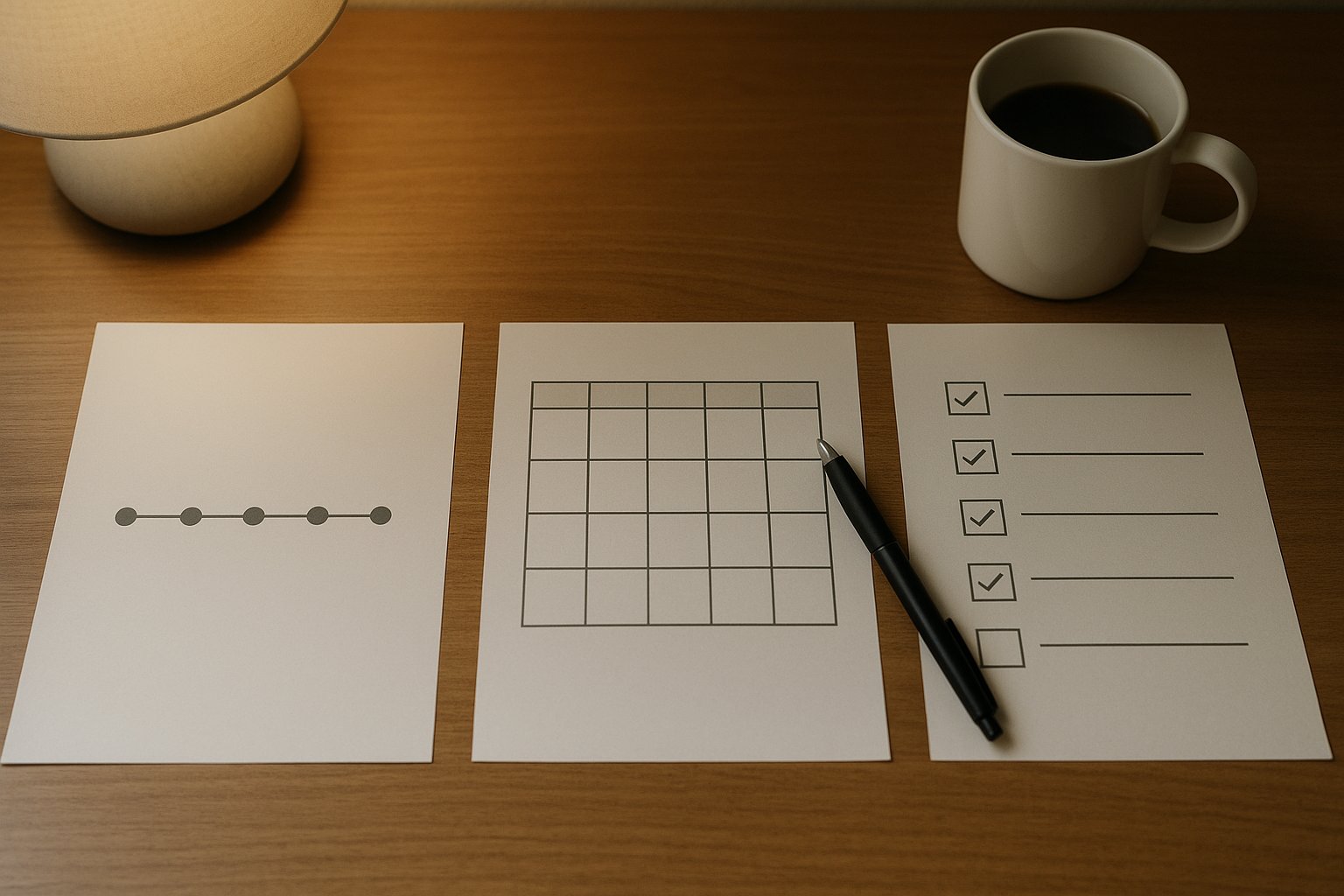 3枚のワークシート（タイムライン・カレンダー・チェックリスト）が並ぶデスク（6:4 横長）