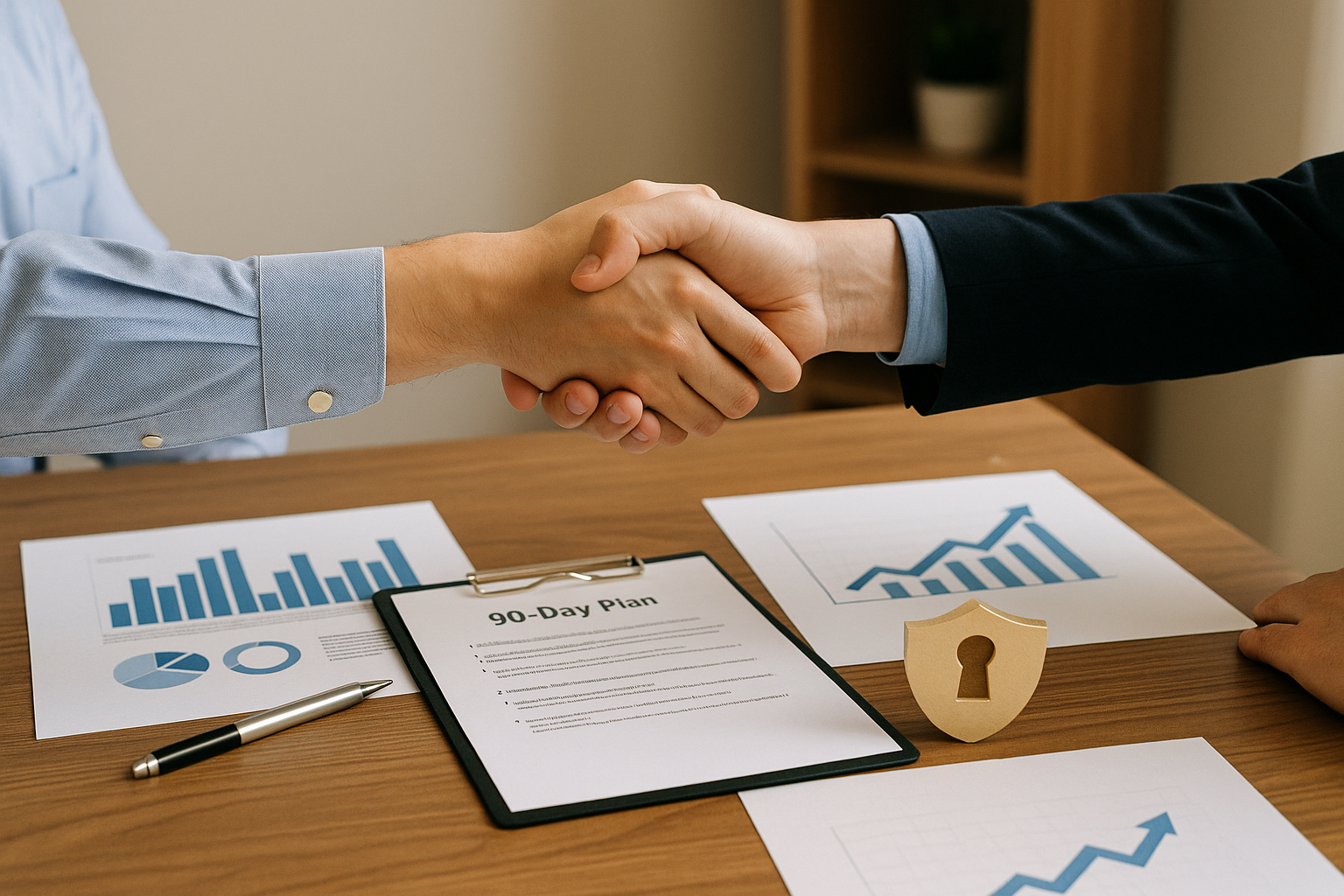 安心の設計図を前に握手する手元（6:4 横長）