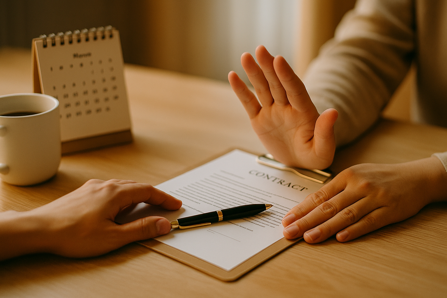 契約書に対して丁寧に断るジェスチャーの手元（6:4 横長）