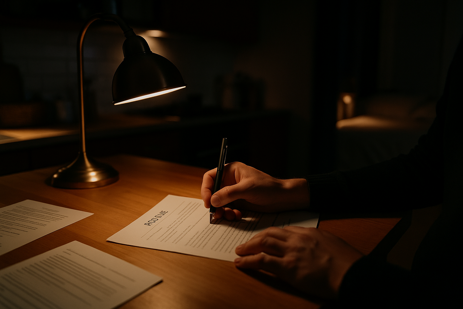 夜のキッチンで履歴書を直す手元を照らすランプ（6:4 横長）