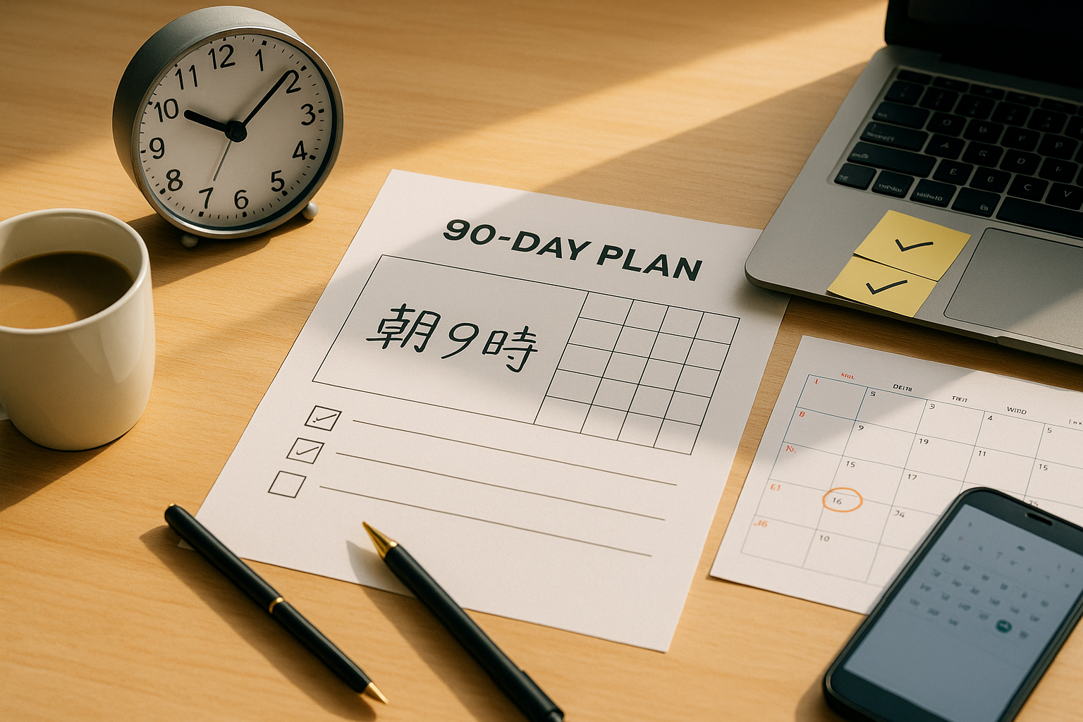 机上のワークスペースに置かれた時計・90日プラン・カレンダー・スマホ（6:4 横長）