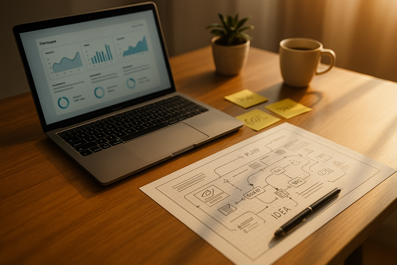 二週間の比較テストを計画するデスク:カレンダーとストップウォッチ、ノートPC(6:4 横長)