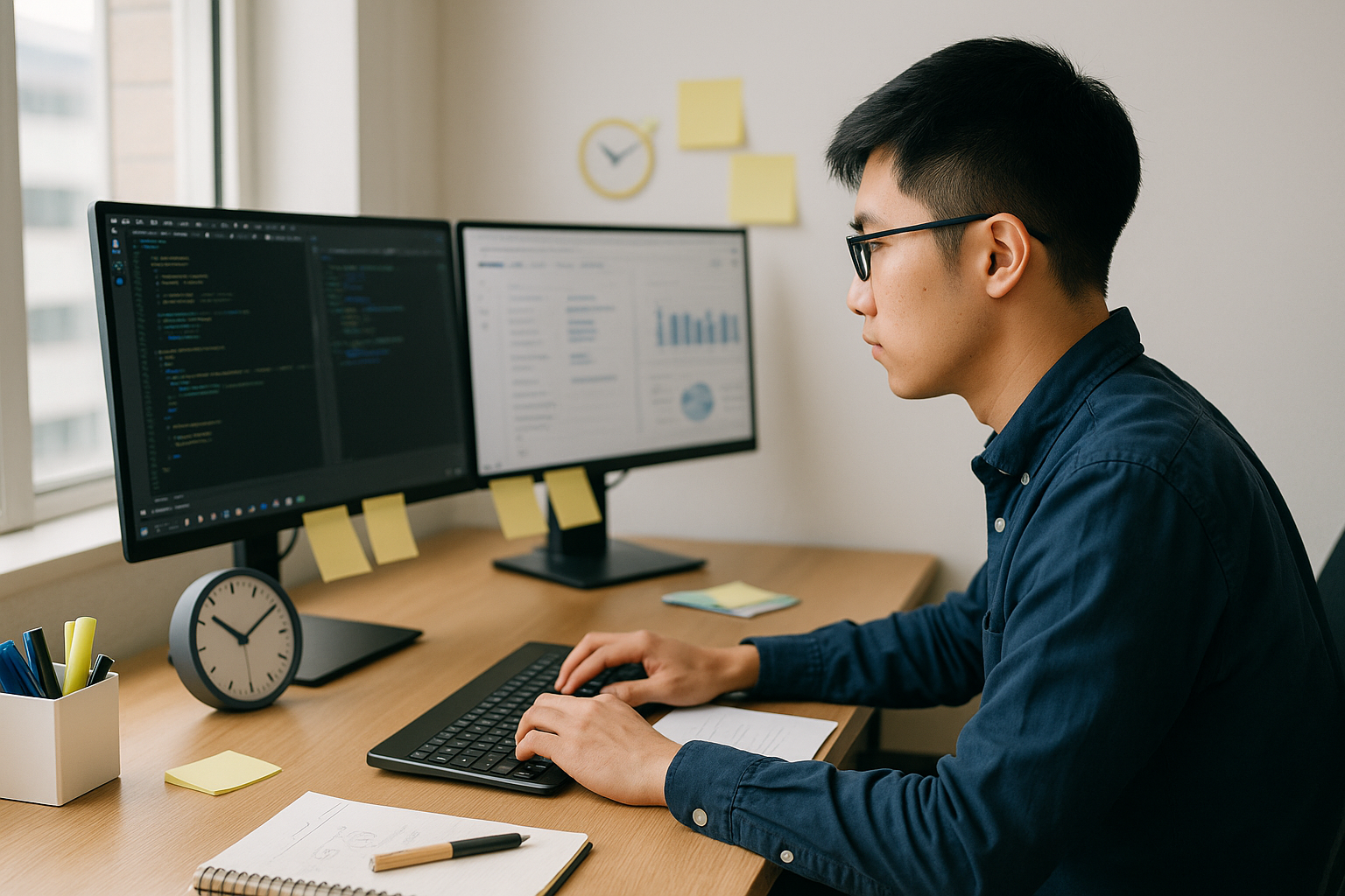 20代の学習の速さを象徴するデュアルモニターと作業中の若手の横顔(6:4 横長)