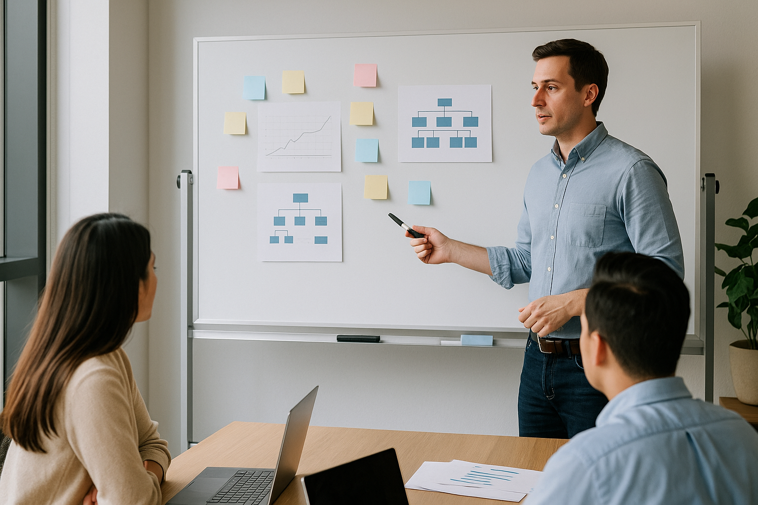 ホワイトボードに成果の時系列・組織図・KPI前後を示し説明する30代ビジネスパーソン(6:4 横長)