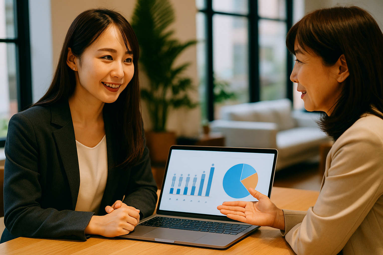 女性の担当者が運用実績(人数・グラフ)を示しながら相談するシーン(6:4 横長)