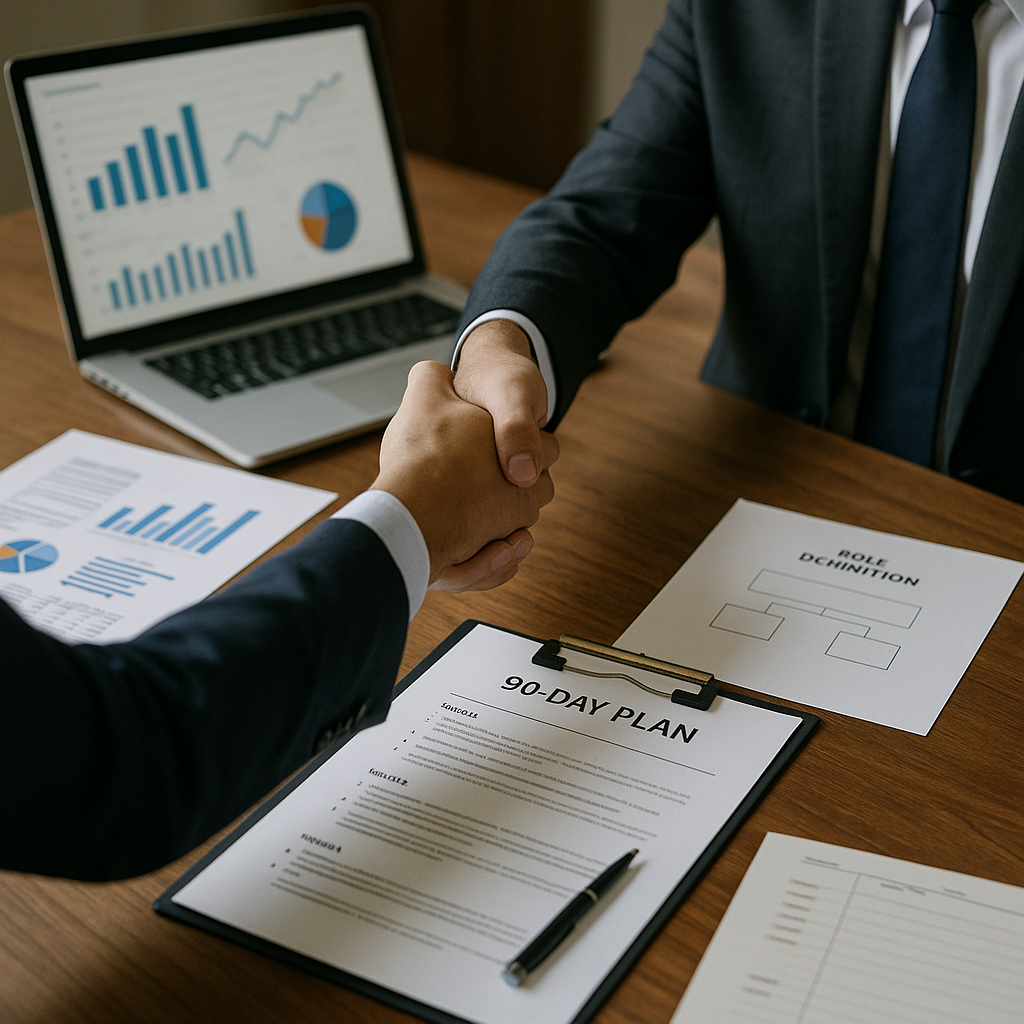90日プランと役割定義の資料を前に握手するビジネスパーソン(6:4 横長)