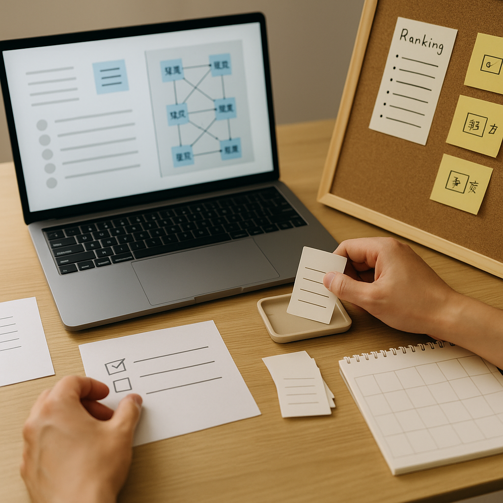 ランキングに頼らず比較評価するデスク風景(6:4 横長)