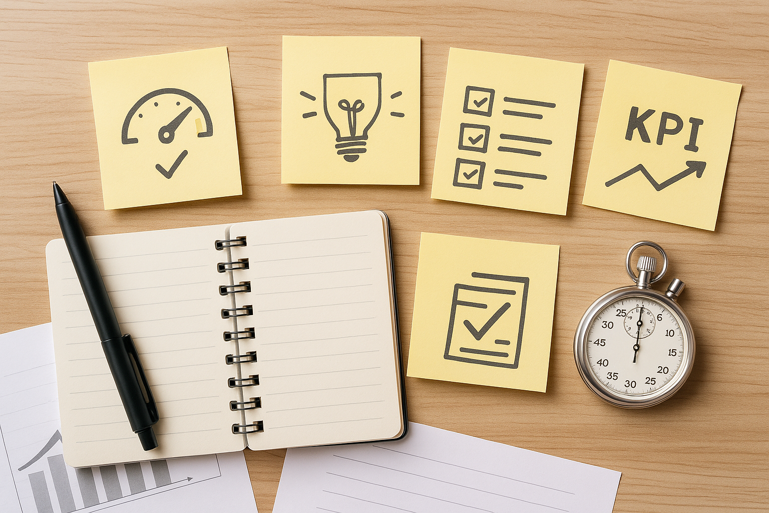 付箋メモ(速度・アイデア・チェックリスト・KPI)とノート・ストップウォッチのデスク俯瞰(6:4 横長)