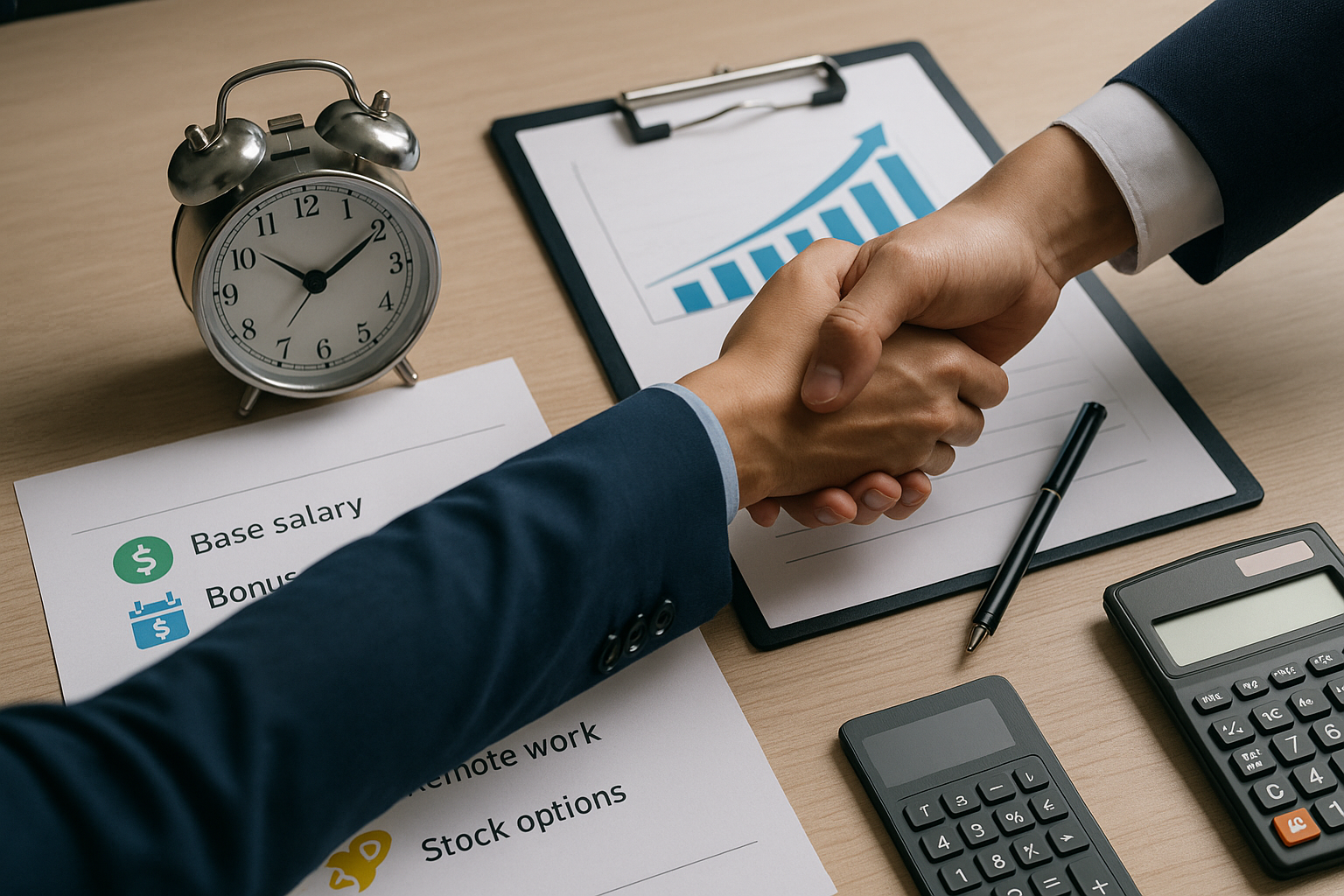 総額年収を可視化するデスク：基本給・賞与・残業・手当・在宅費・SOのチェックリストと時計・電卓・グラフ（6:4 横長）