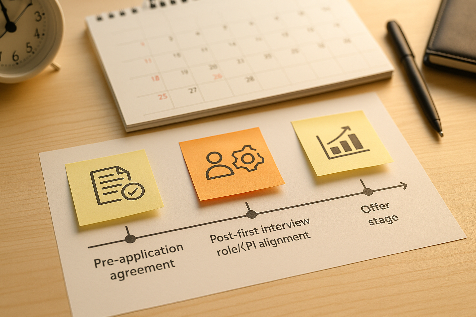 書類前→一次後→内定後の3段階タイムラインを示す付箋・カレンダー・時計のデスク（6:4 横長）