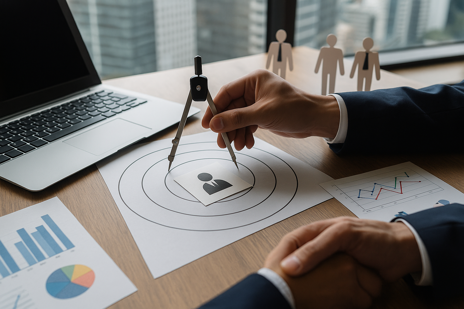 役割の半径を広げるイメージ：デスクでコンパスを使い同心円を描く手元（6:4 横長）