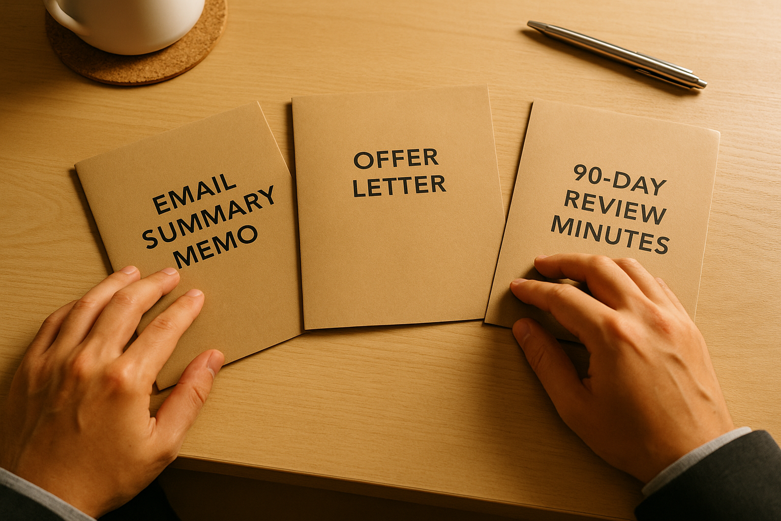 合意要約メモ・オファーレター・90日レビュー議事録を整える手元（6:4 横長）