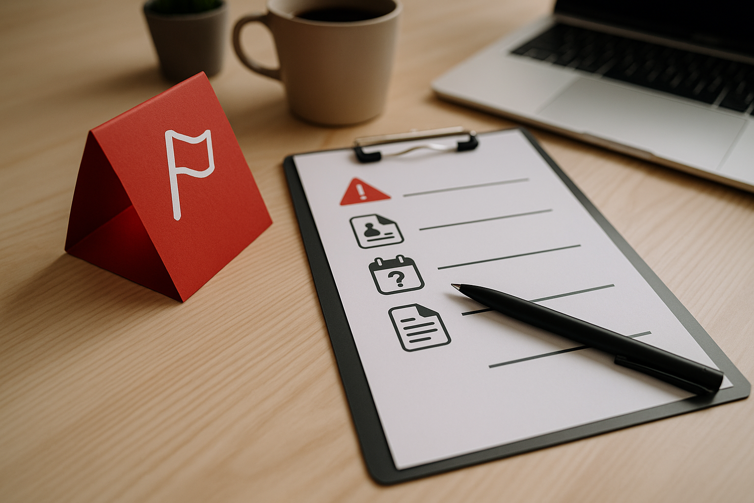 赤いフラッグとチェックリストで撤退基準を確認するデスク（6:4 横長）