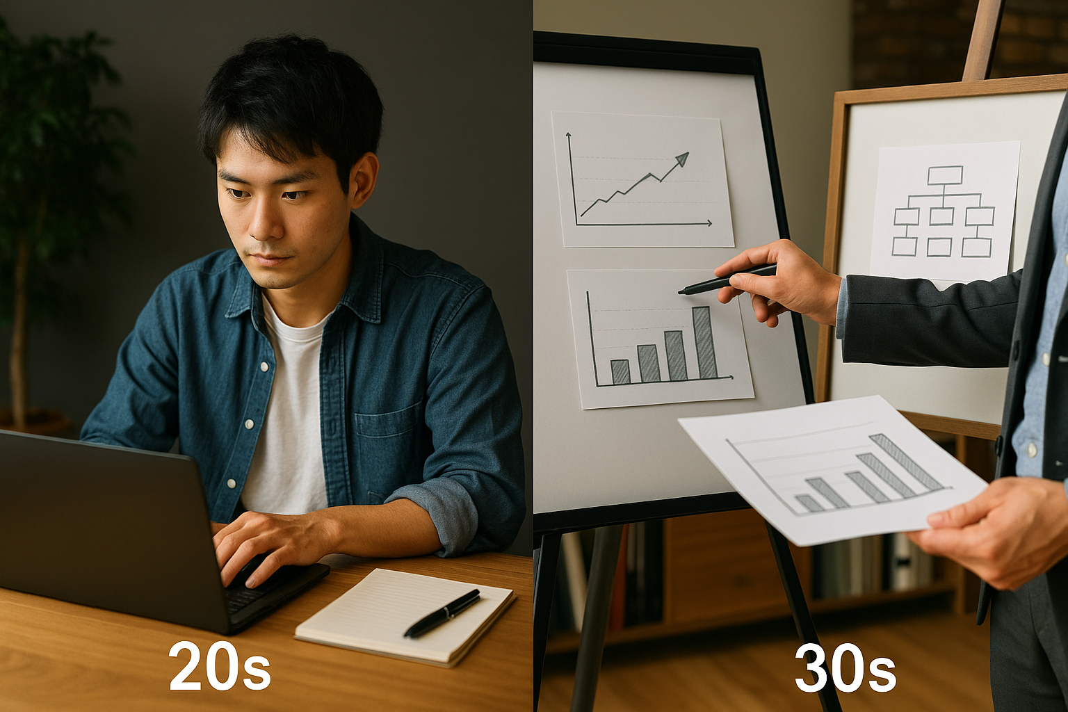 20代と30代のキャリア場面を対比した横長ディプティック（6:4 横長）