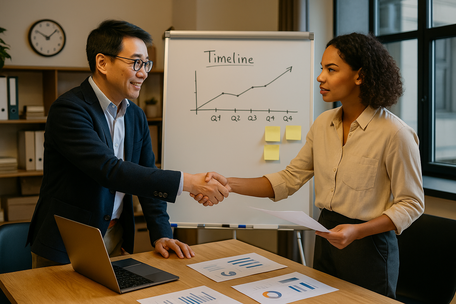 役割分担を象徴：タイムライン前で候補者と担当者が握手し資料を確認するシーン（6:4 横長）