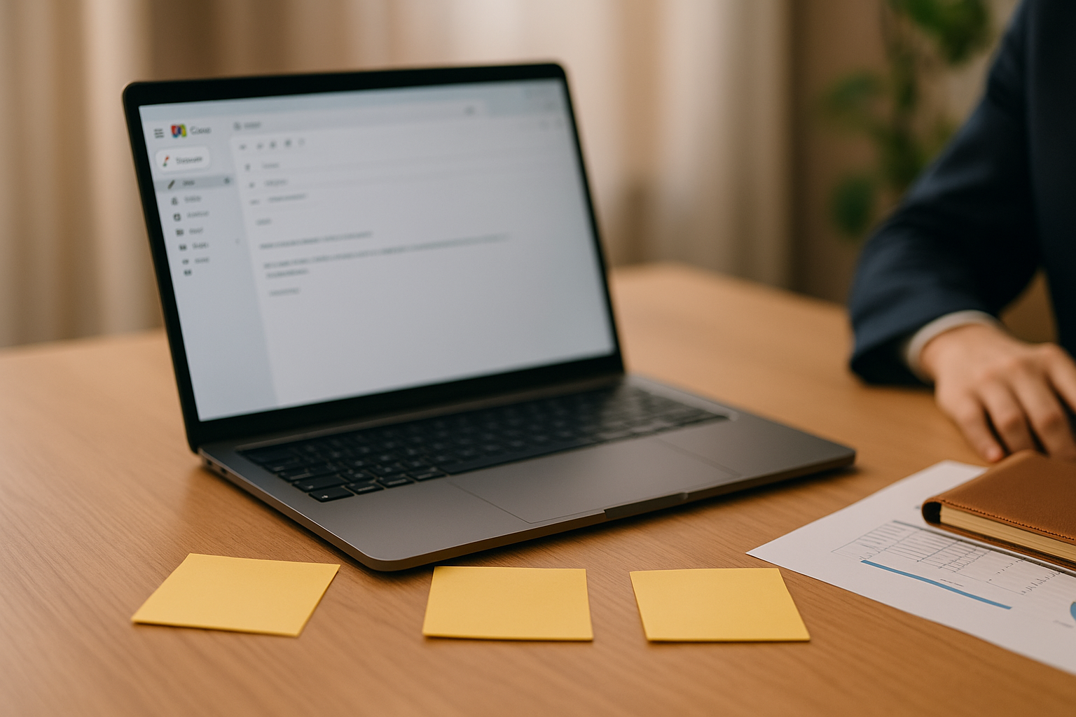 メール下書き画面と3枚の付箋が並ぶワークスペース（書類前・一次後・内定後の一行を象徴／6:4 横長）