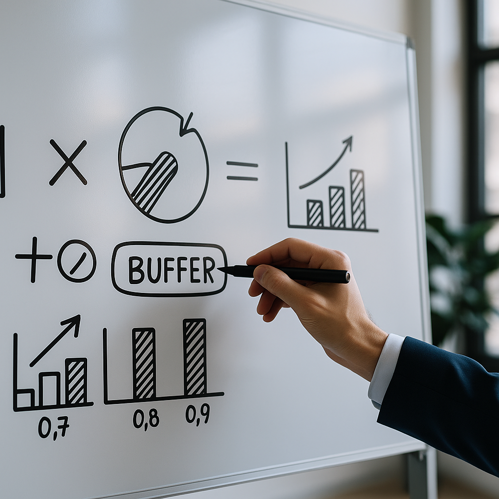 ホワイトボードに数式とグラフ（0.7/0.8/0.9）を書き込む手元（6:4 横長）