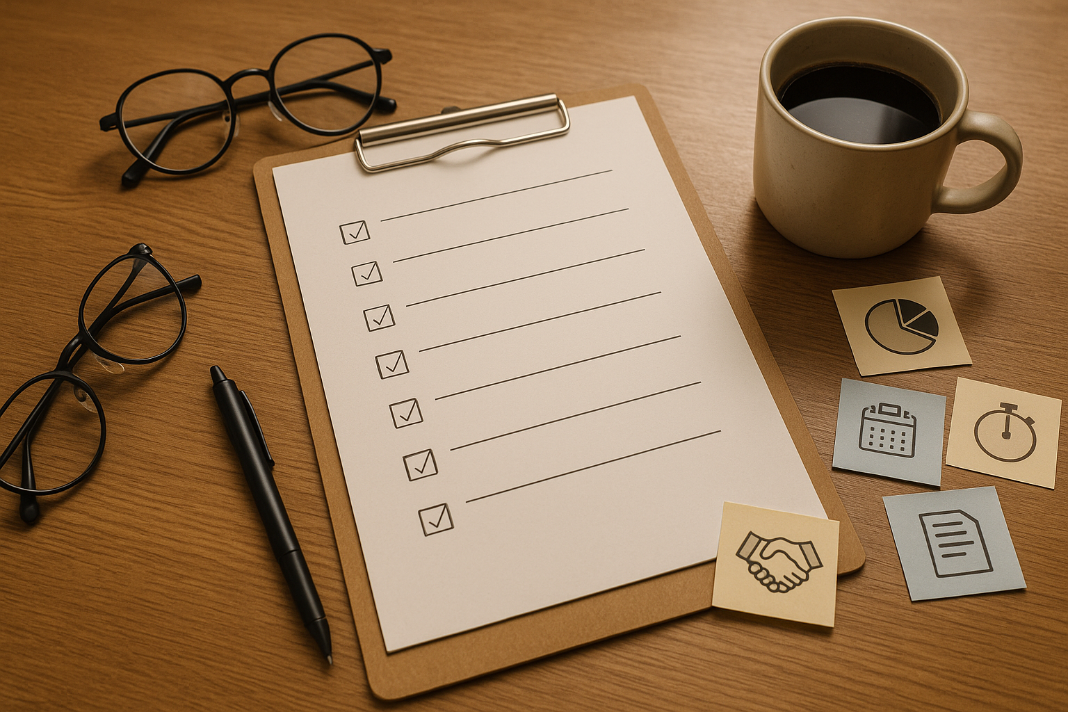 承諾前チェック7項目のクリップボードとチェックリスト、ペン・眼鏡・付箋が置かれたデスク（6:4 横長）
