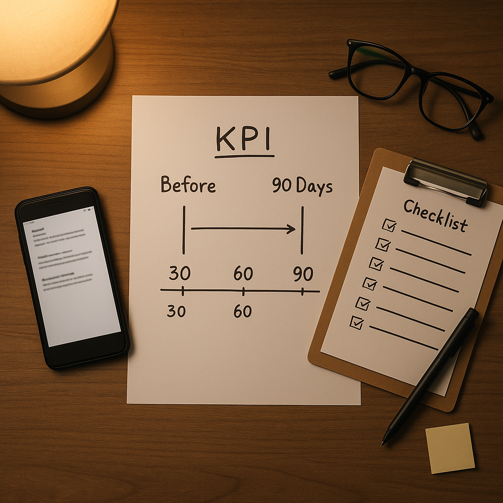 A4用紙のKPI設計図・スマホのメモ・チェックリストを並べたデスク俯瞰（6:4 横長）