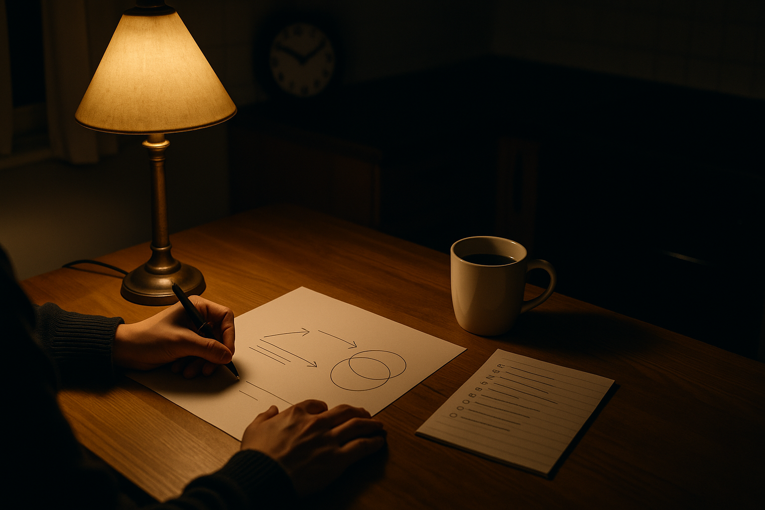 夜のキッチンでランプの灯りに照らされA4設計図とチェックリスト、マグカップを前に手書きする手元（6:4 横長）