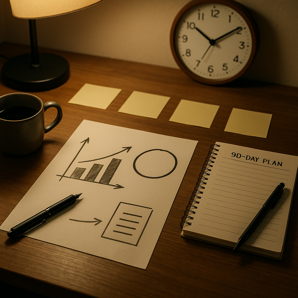 デスクランプの下、A4設計図・“90-DAY PLAN”ノート・ペン・マグ・置き時計が並ぶワークスペース（6:4 横長）