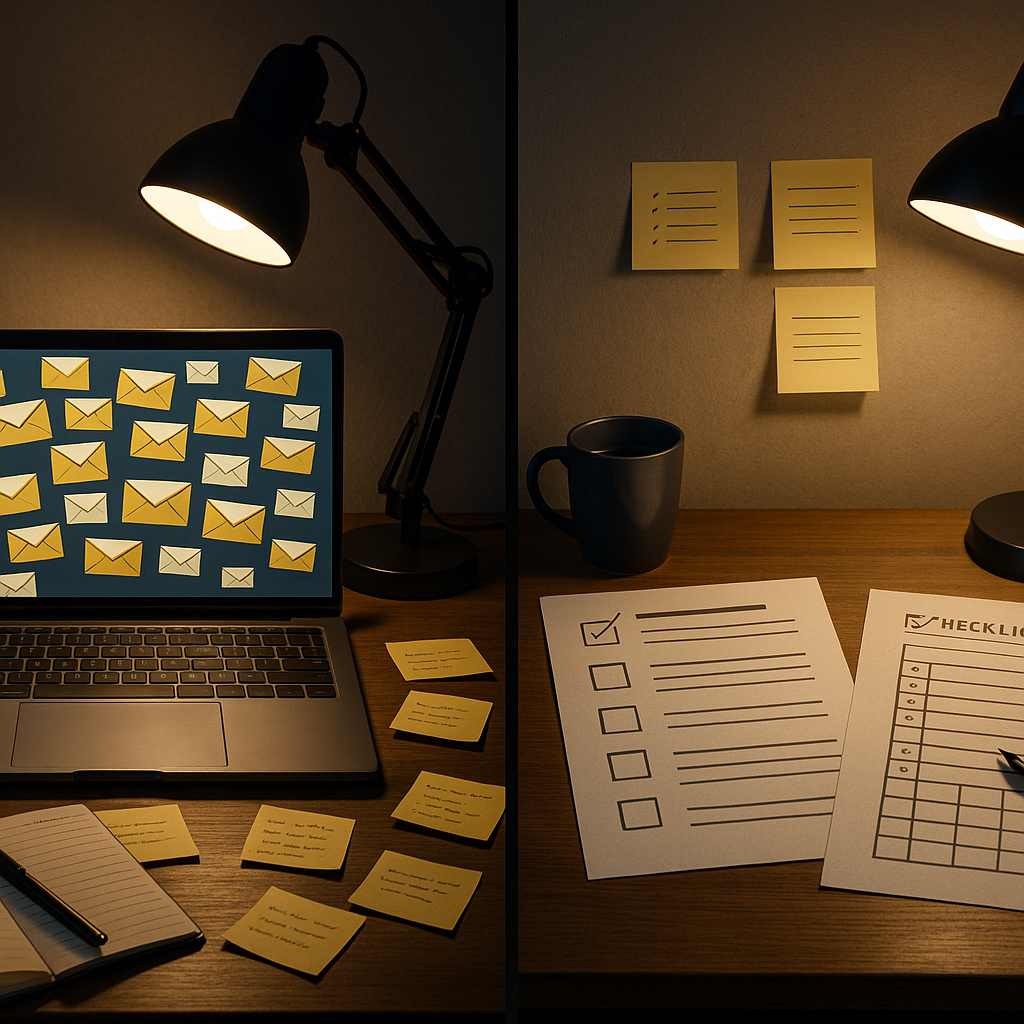 未読メールで埋まる画面と、チェックリストやカレンダーで整えた計画——混乱と設計の対比（6:4 横長）