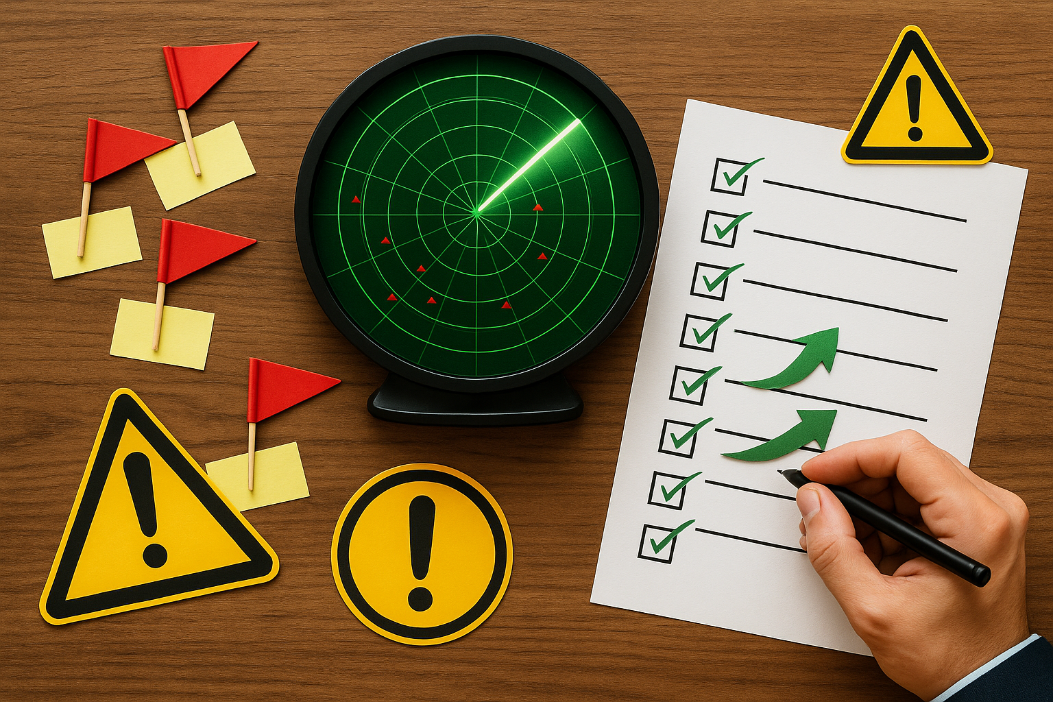 撤退レーダー：レーダー画面・チェックリスト・赤いフラッグと警告アイコンが並ぶデスク（6:4 横長）