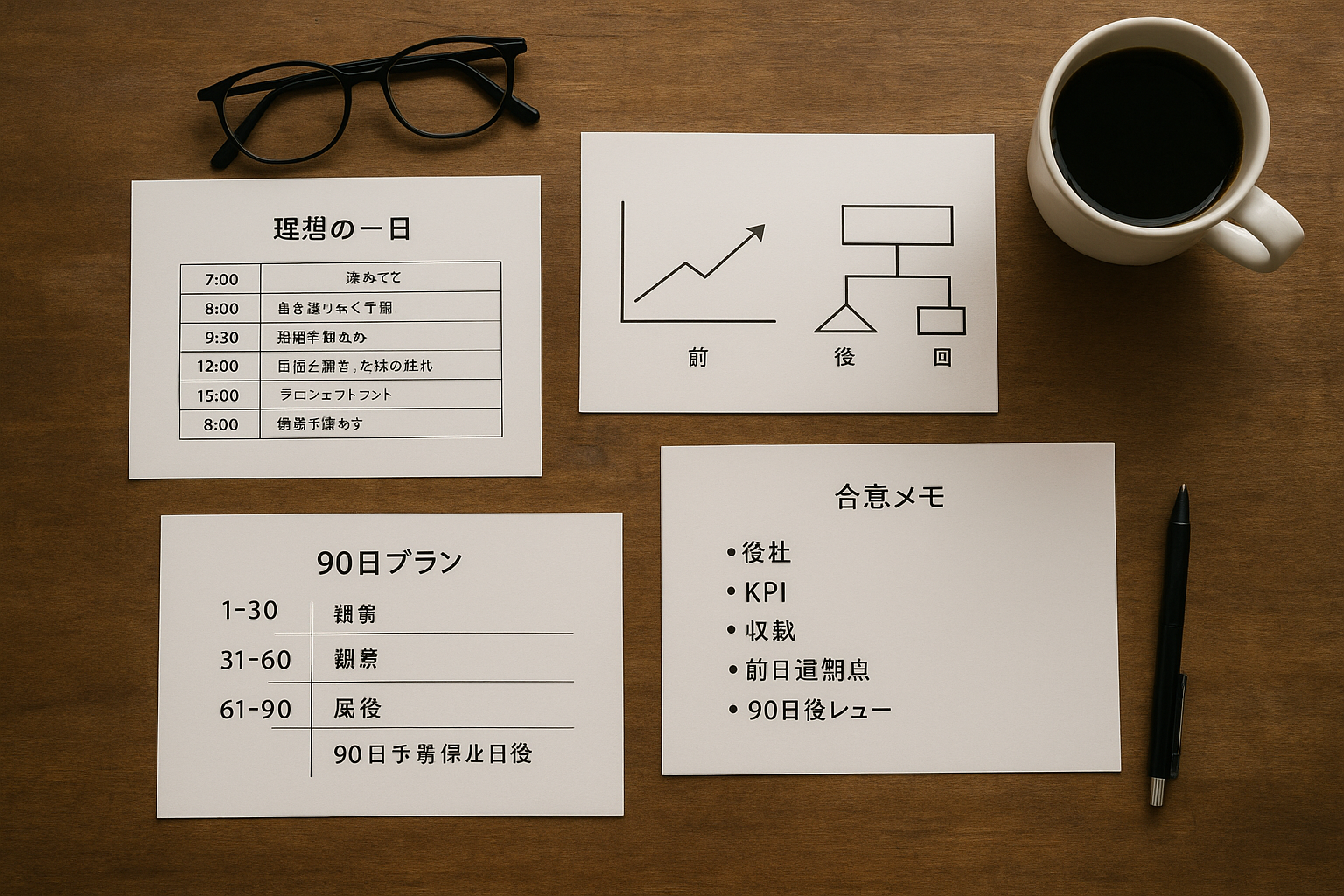 四枚の紙：理想の一日・三枚の図・90日プラン・合意メモが並ぶデスク俯瞰（6:4 横長）