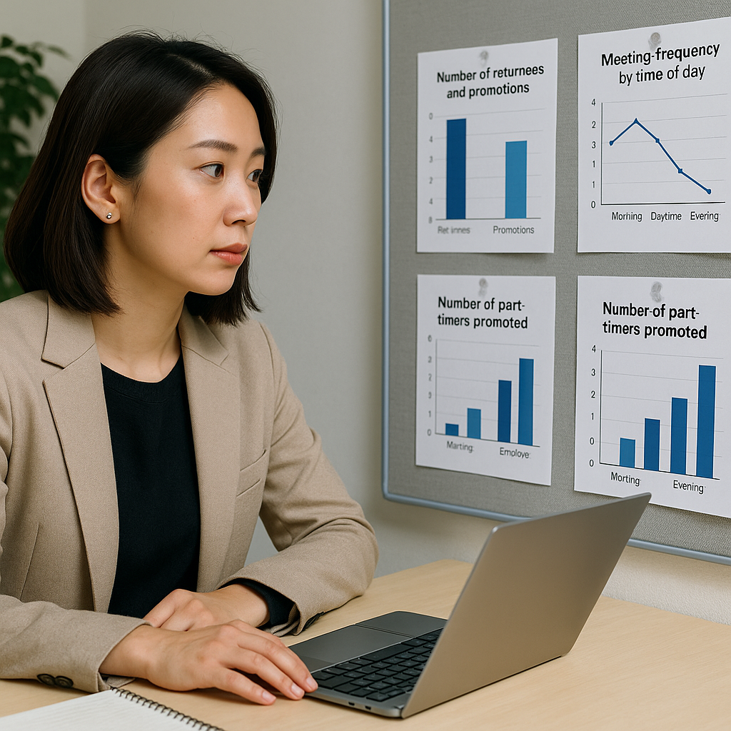 女性の担当者と候補者が運用実績（復帰人数・等級・時短昇格・会議時間帯）をグラフで確認するシーン（6:4 横長）