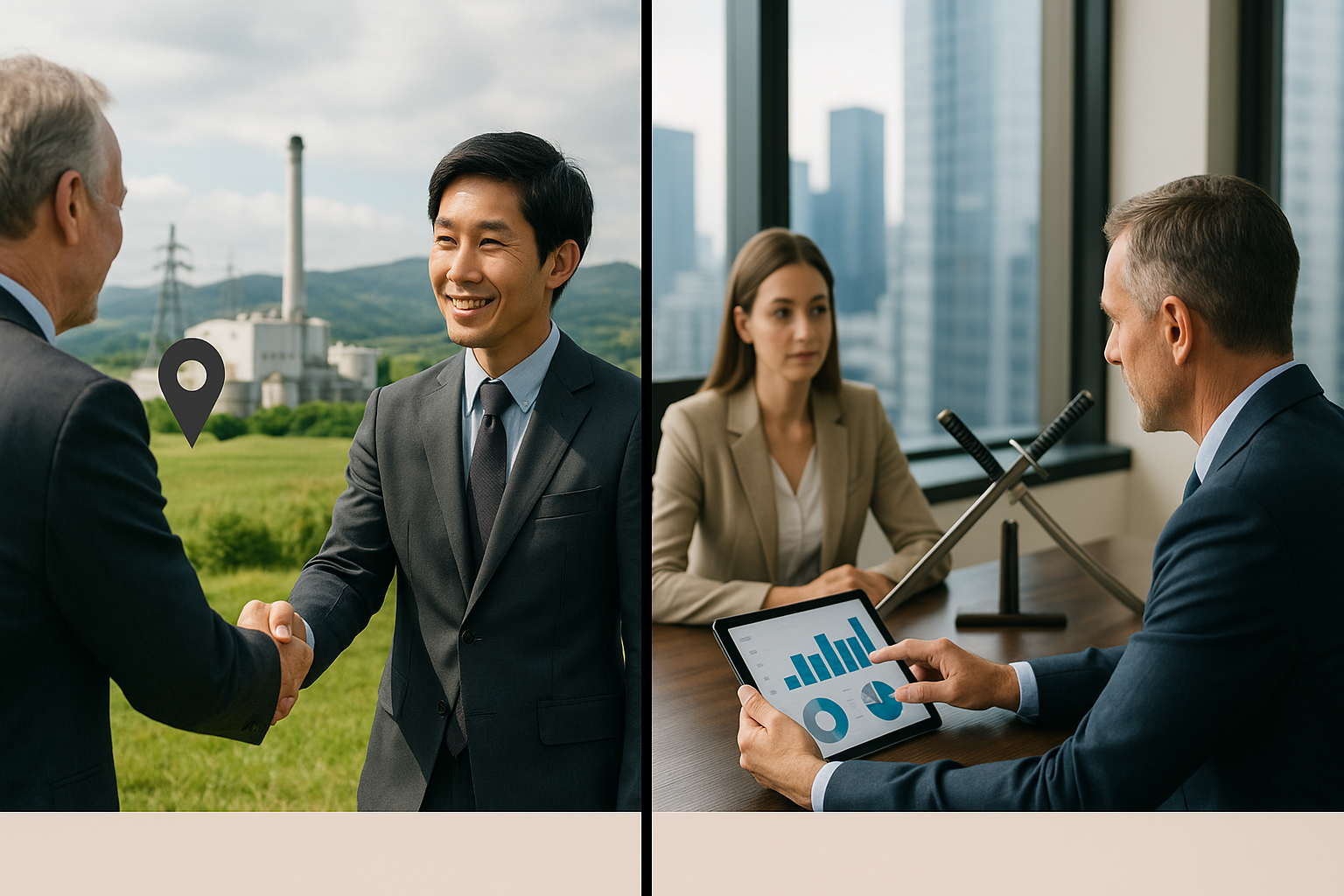 地方工場での握手とオフィスでのハイクラス商談を対比したディプティック（6:4 横長）