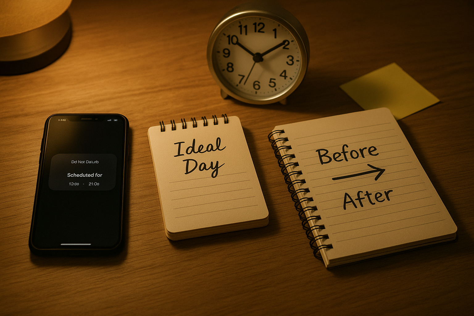 メンタルの温度管理：通知窓19–21時のスマホ、理想の一日メモ、前→後ノート、翌朝9時の時計が並ぶ落ち着いたデスク（6:4 横長）