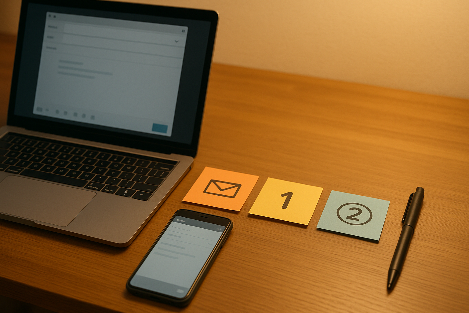 メール下書き画面のノートPCとスマホ、横に3枚の付箋（書類前・一次後・内定後）が並ぶデスク（6:4 横長）