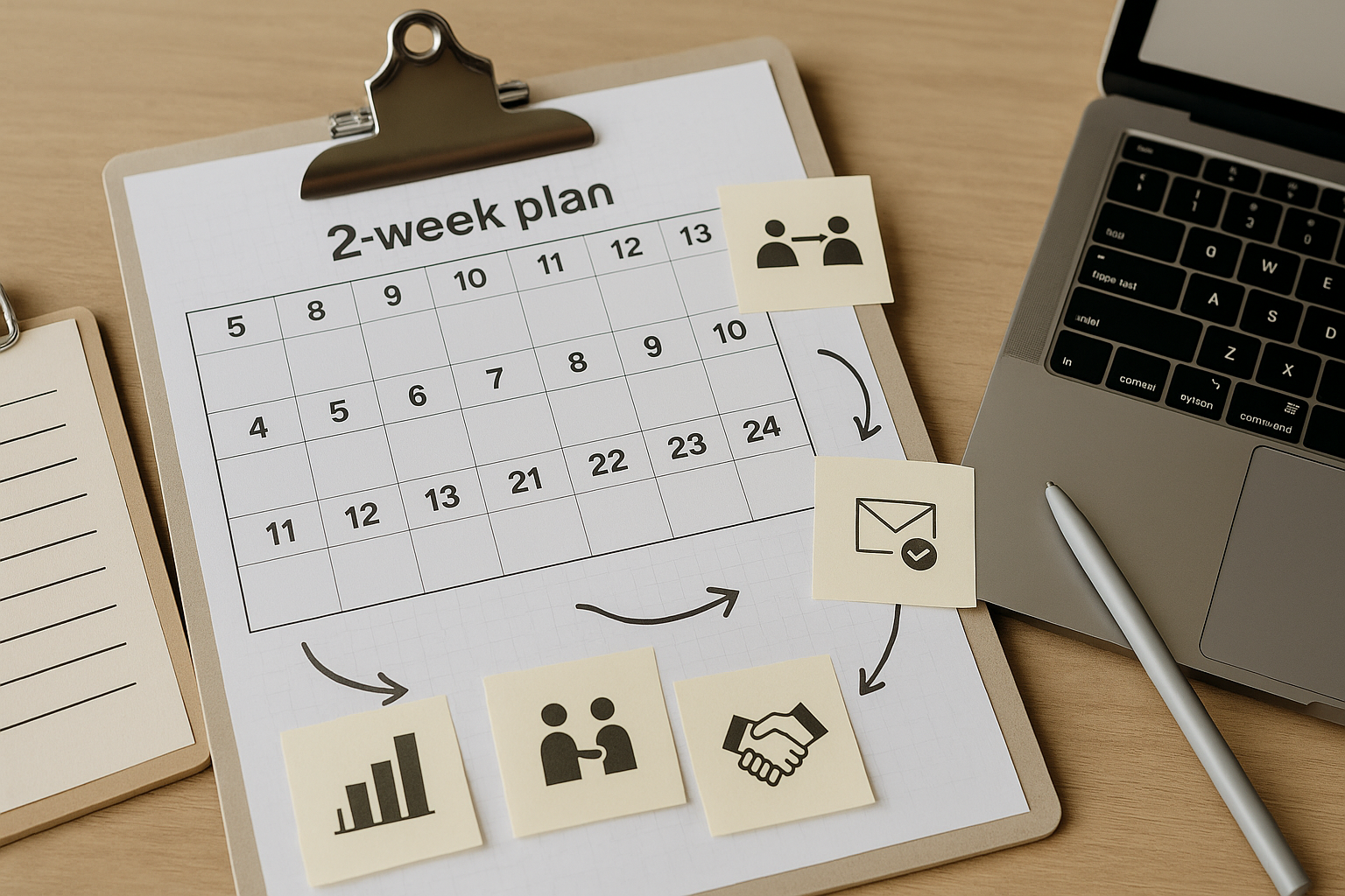 2週間ロードマップ：クリップボードのカレンダーと付箋（面談・メール・握手・成果グラフ）を並べたワークスペース（6:4 横長）