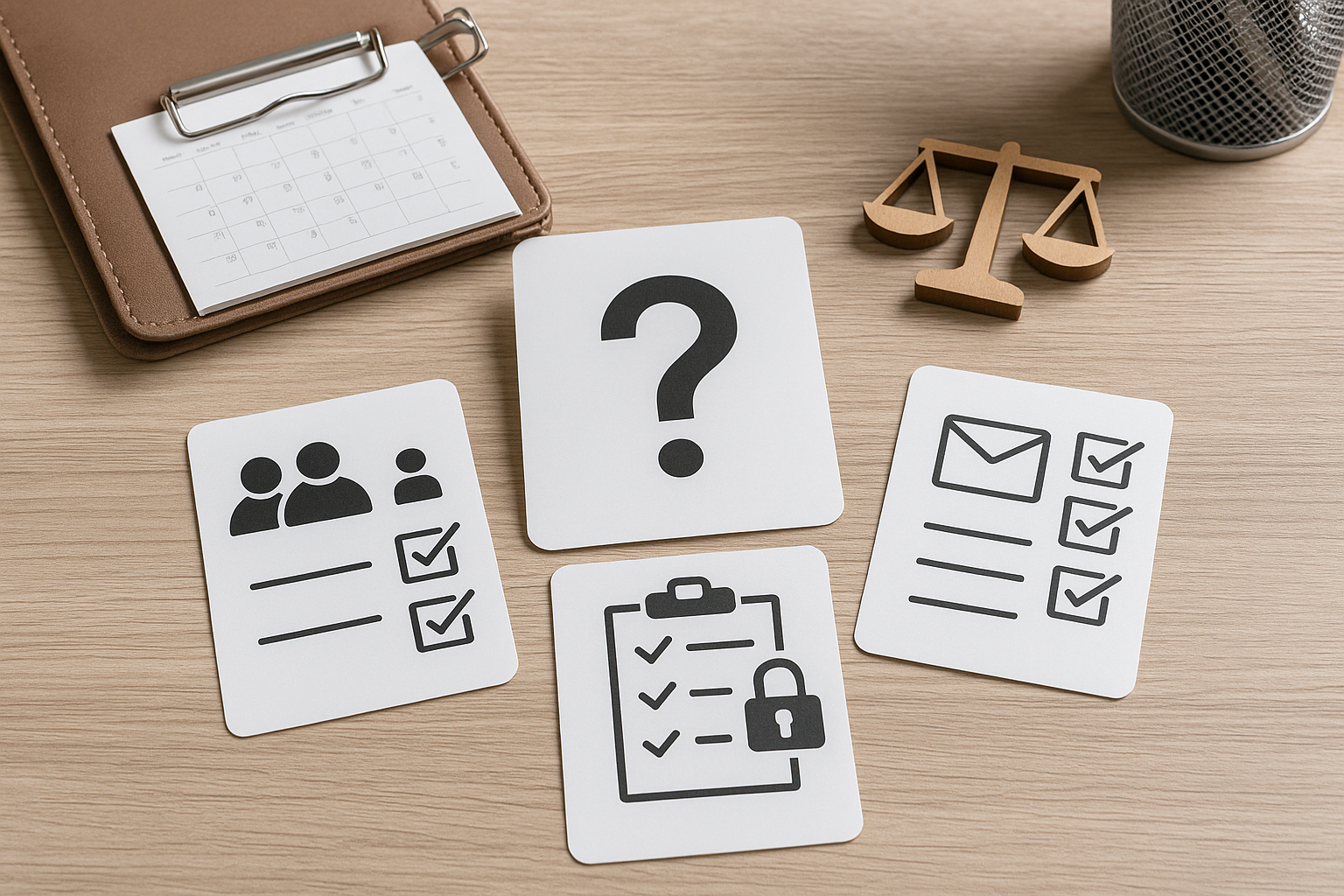 Q&Aを象徴するワークスペース：大きなクエスチョンカード、3つのチェックリスト、卓上カレンダー、天秤、ペン立てが並ぶ（6:4 横長）