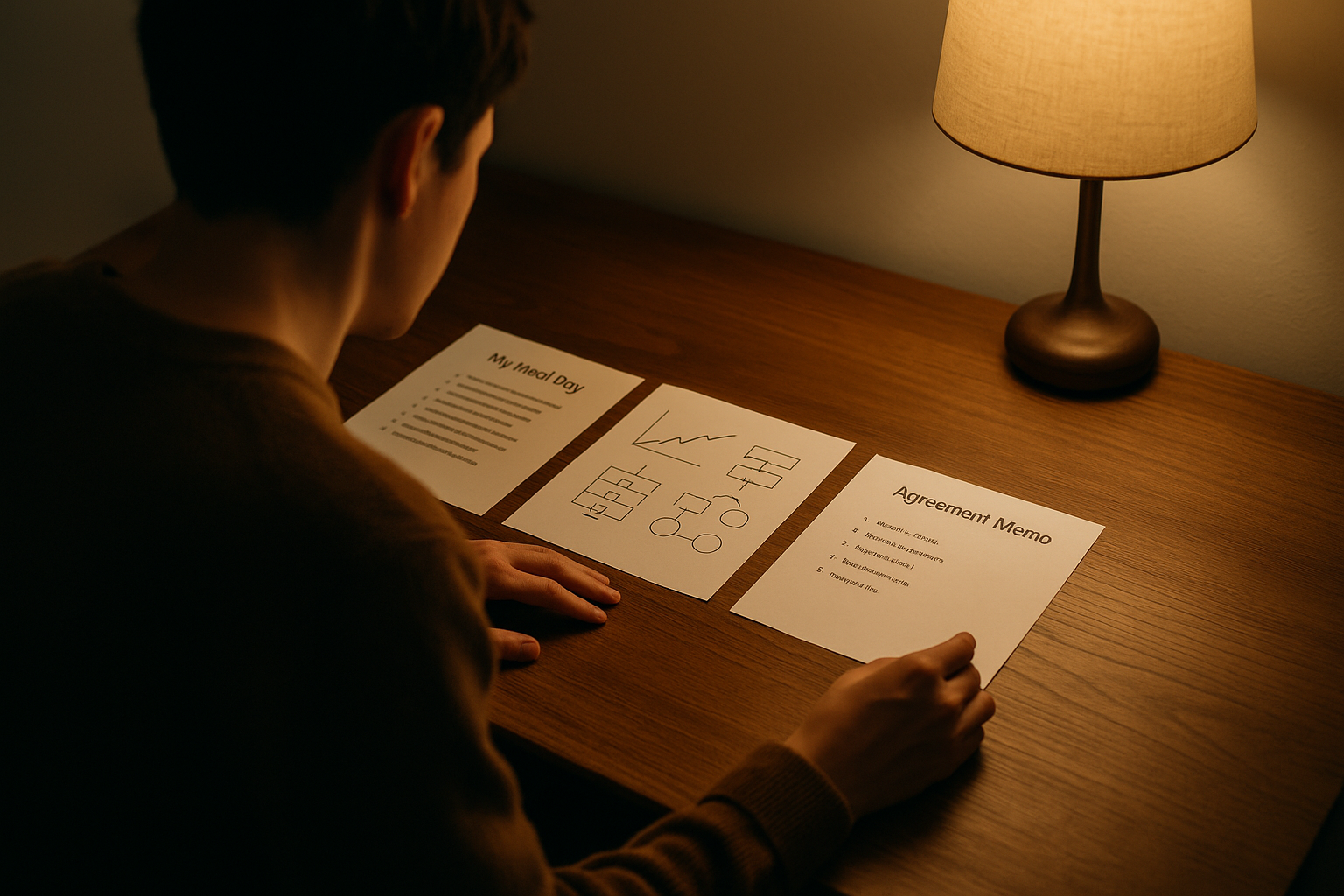 ランプの灯りの下でA4の『理想の一日』『90日プラン』『合意メモ』を机に並べる手元（6:4 横長）
