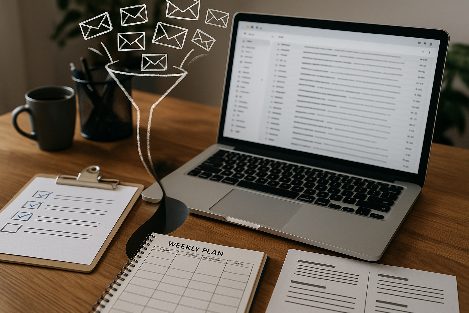 メール洪水を整えるワークスペース:受信箱が開いたノートPCと、チェックリスト・週次プラン・ファネル図(6:4 横長)