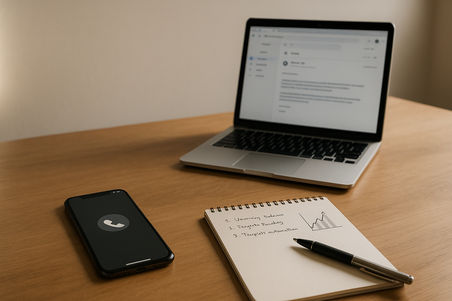 電話・メール・チャットの運用:着信中のスマホ、メール画面のノートPC、メモとグラフが並ぶワークスペース(6:4 横長)