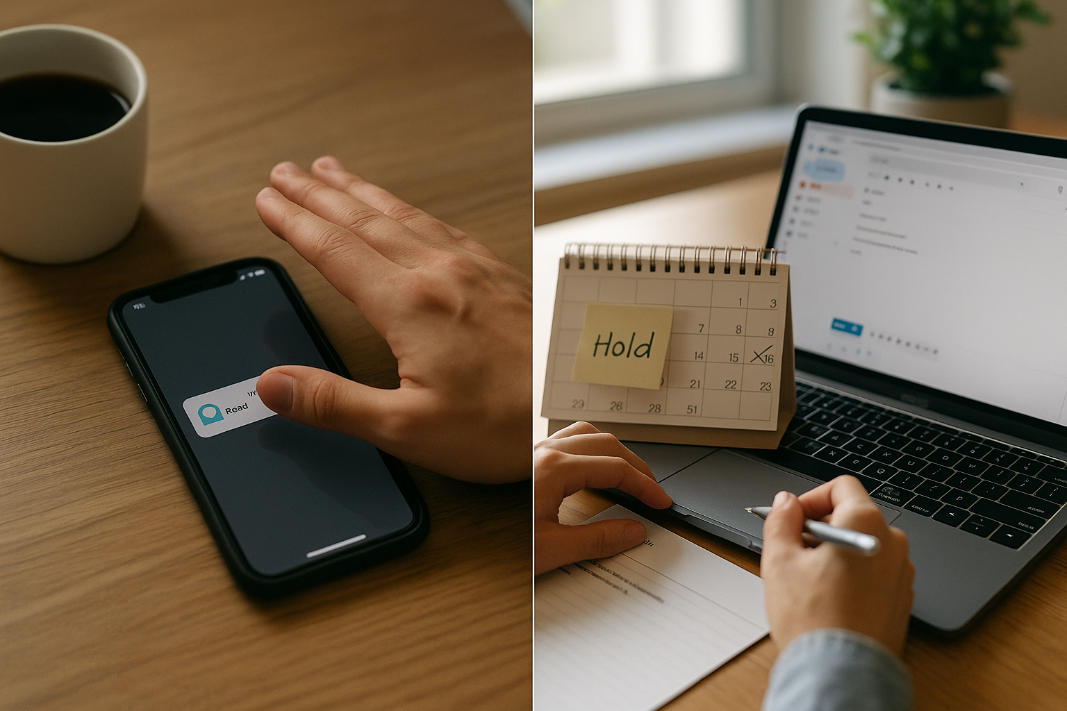 左:未読通知のスマホとコーヒー/右:『Hold』付箋のカレンダーとメール下書き——既読無視を避けて丁寧に保留を伝える対比(6:4 横長)