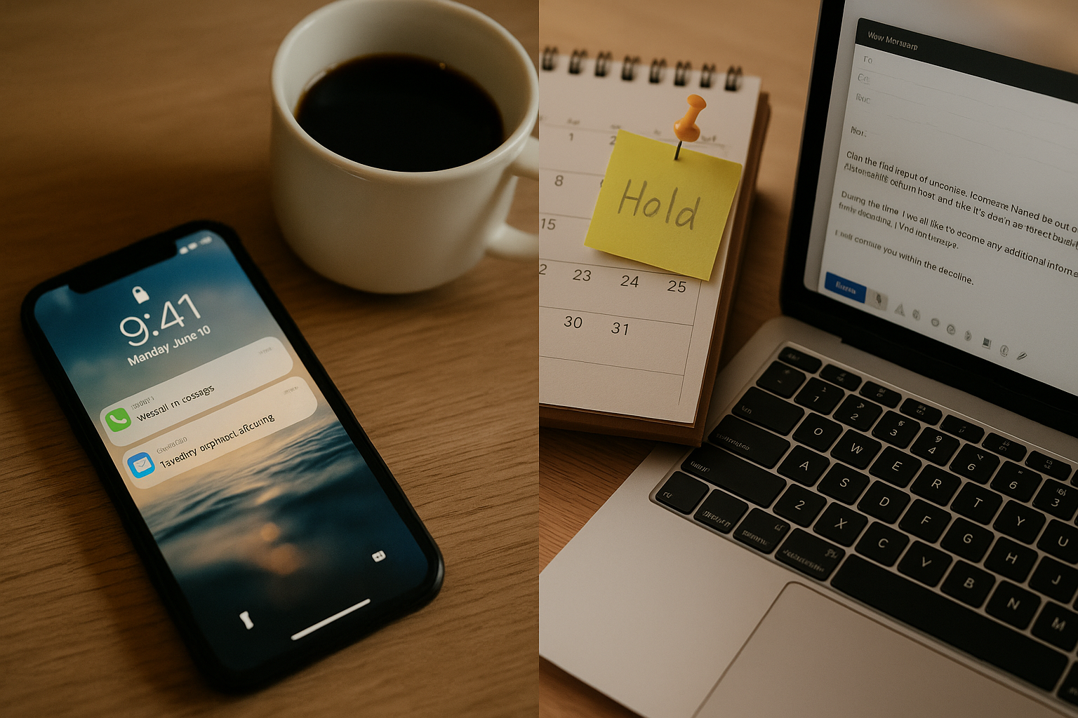 二分割の机上シーン:未読通知を表示したスマホとコーヒー/“Hold”付箋のカレンダーとメール下書きのノートPC(6:4 横長)