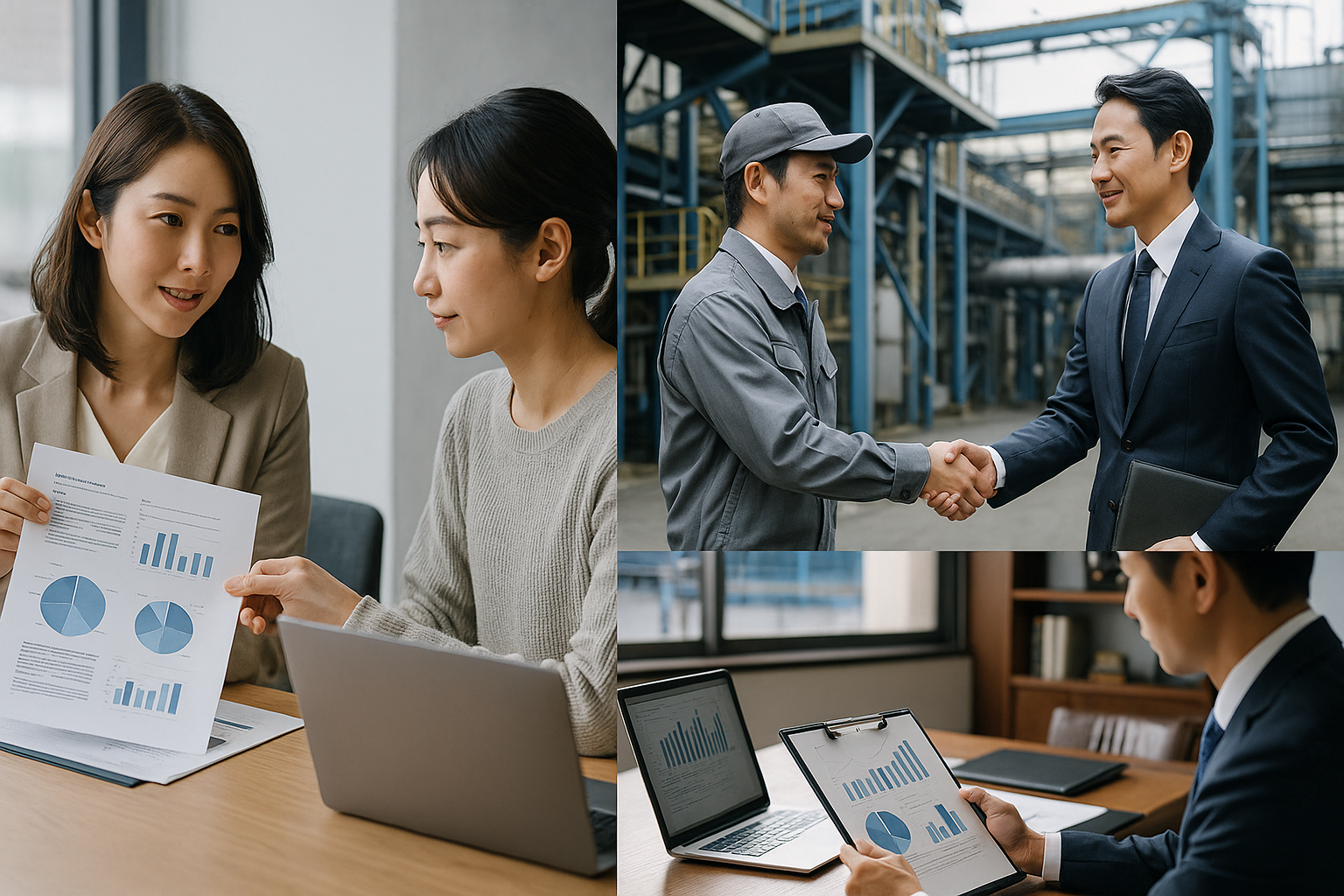 左:女性担当者と候補者が運用実績のグラフを確認/右上:地方工場での握手/右下:ハイクラス商談でP/Lグラフを確認(6:4 横長)