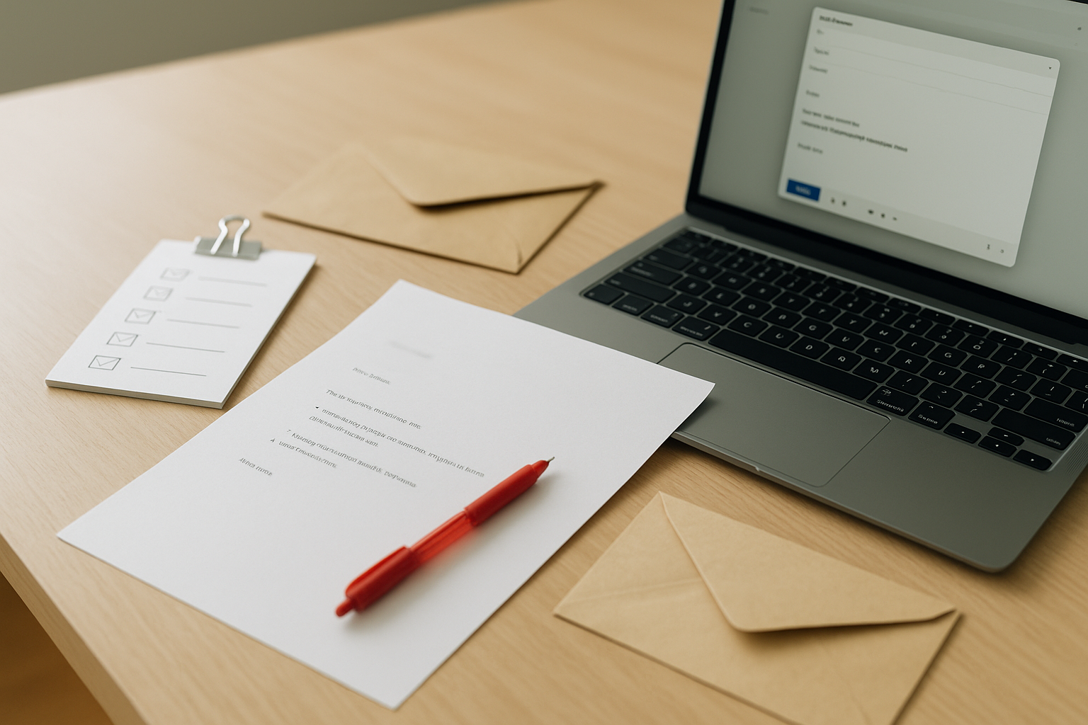 横長6:4|丁寧な断りの準備:メール下書きを表示したノートPC、チェックリスト、封筒、赤ペンを置いた手紙が並ぶワークスペース