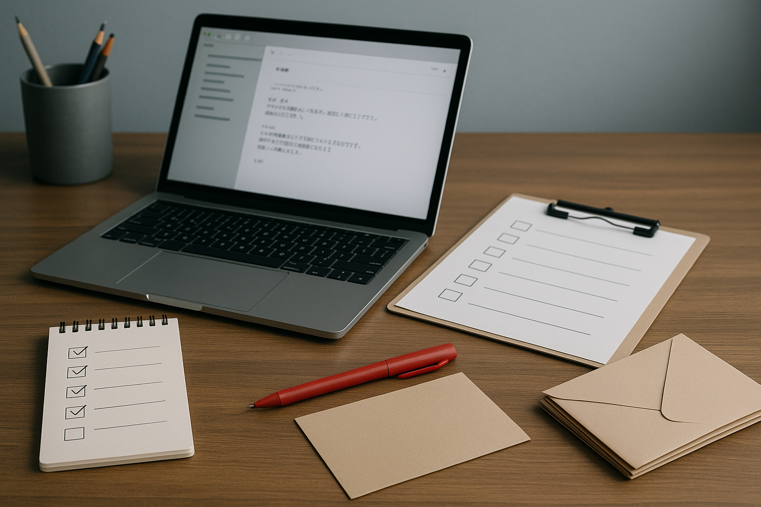 ノートPCのメール下書き・チェックリストのクリップボード・赤ペン・封筒が並ぶ丁寧な断り準備のワークスペース(6:4 横長)