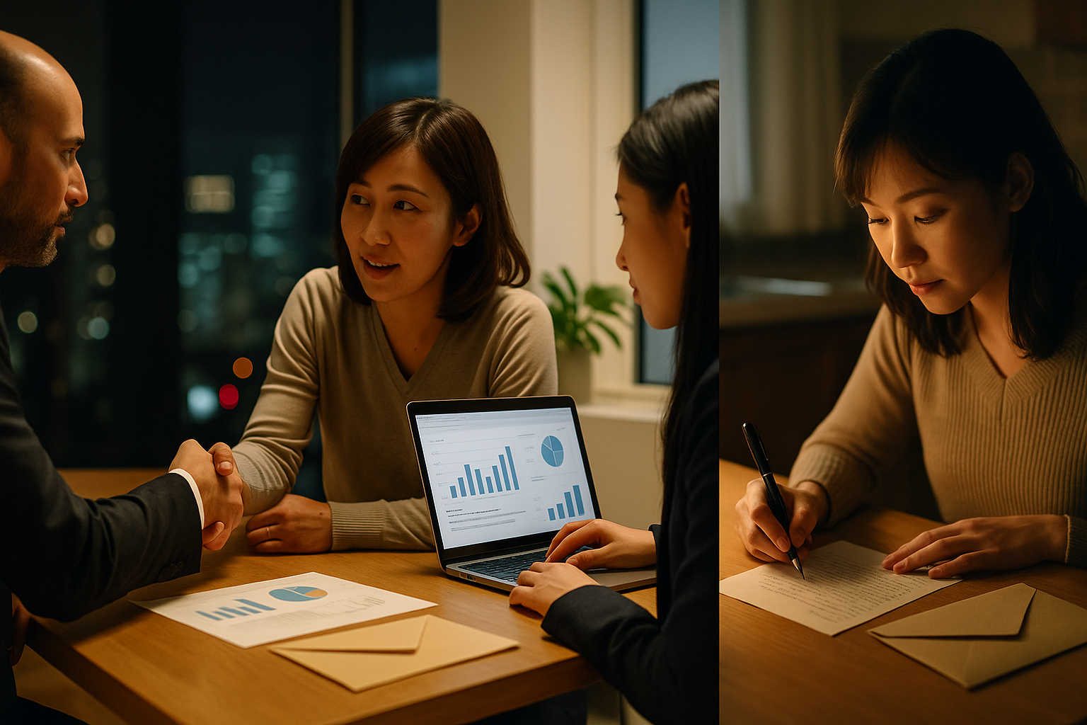 三景の横長コラージュ:左=高層オフィスでの握手/中=データを前に打合せ/右=自宅で手紙を書く静かな夜(6:4 横長)