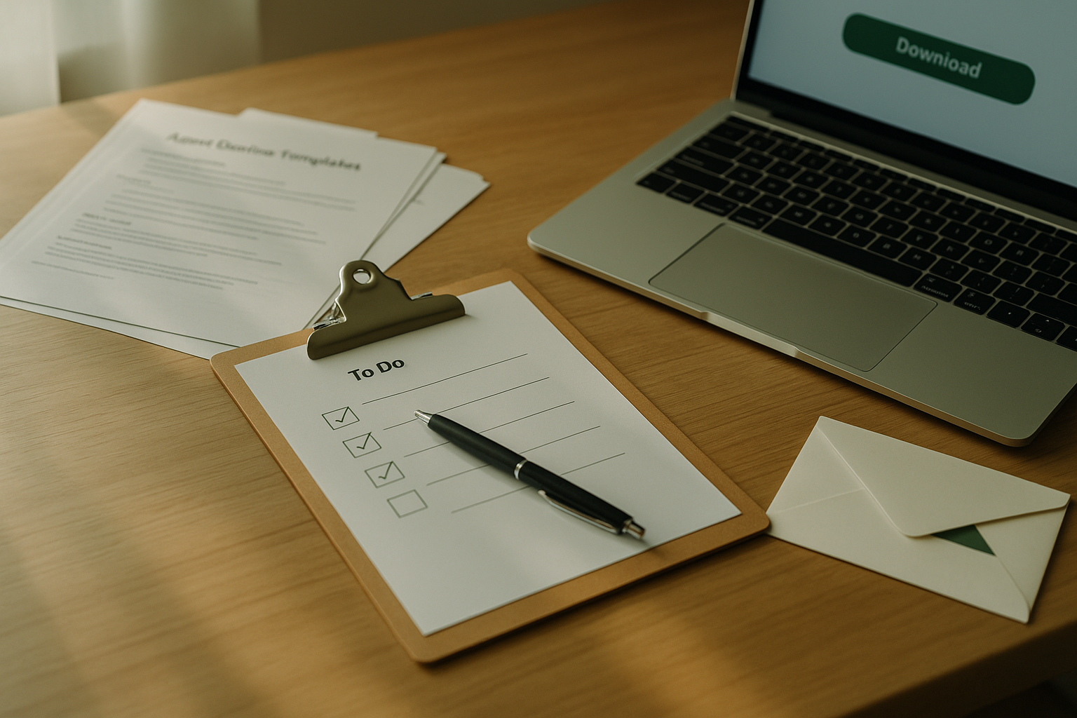 次の一歩:テンプレ保存・添削依頼・90日プラン準備・ニュースレター登録を象徴するワークスペース(クリップボードのチェックリスト、印刷テンプレ、ノートPC、緑色のボタンを示すUI、落ち着いた自然光のデスク/6:4 横長)