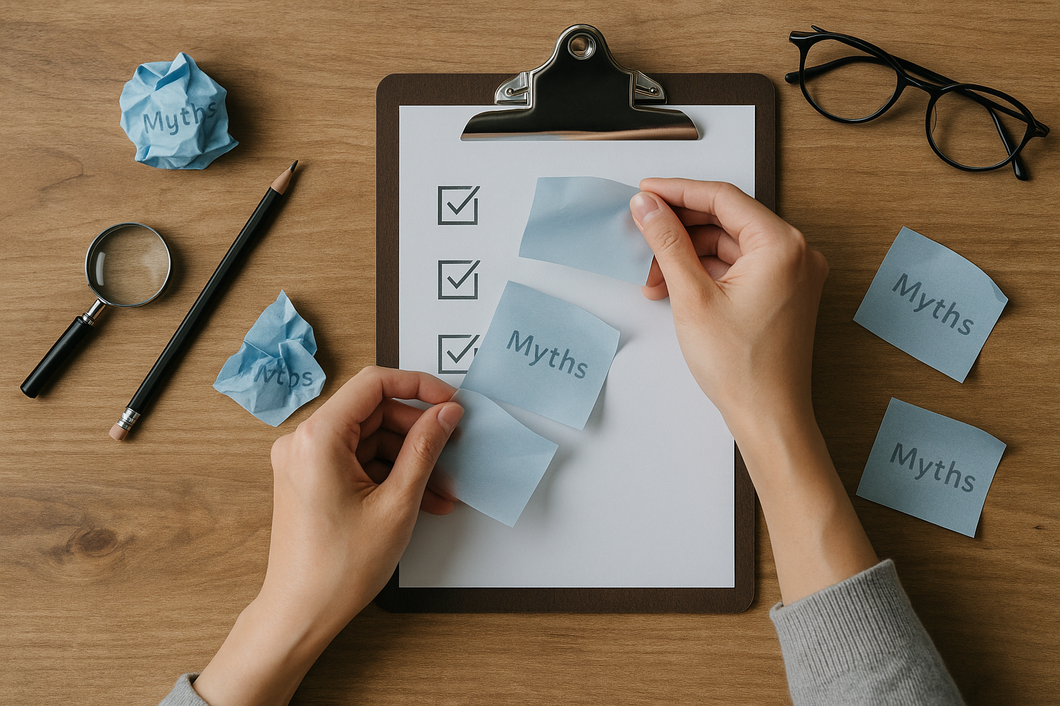 付箋を剥がす手とチェックリストの俯瞰写真（思い込みを外す／文字なし）